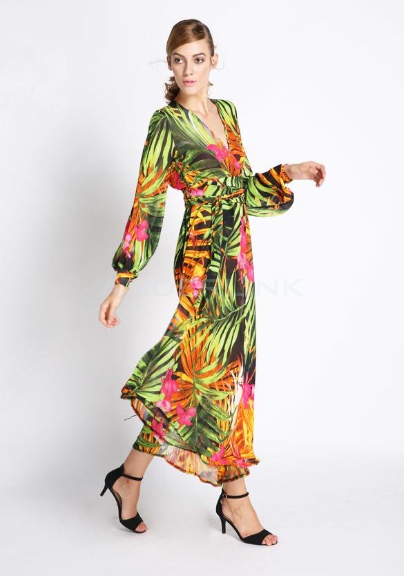 unknown Womens V-neck Summer Tropical Flower Print Chiffon Long Sleeve Temperament Long Dress