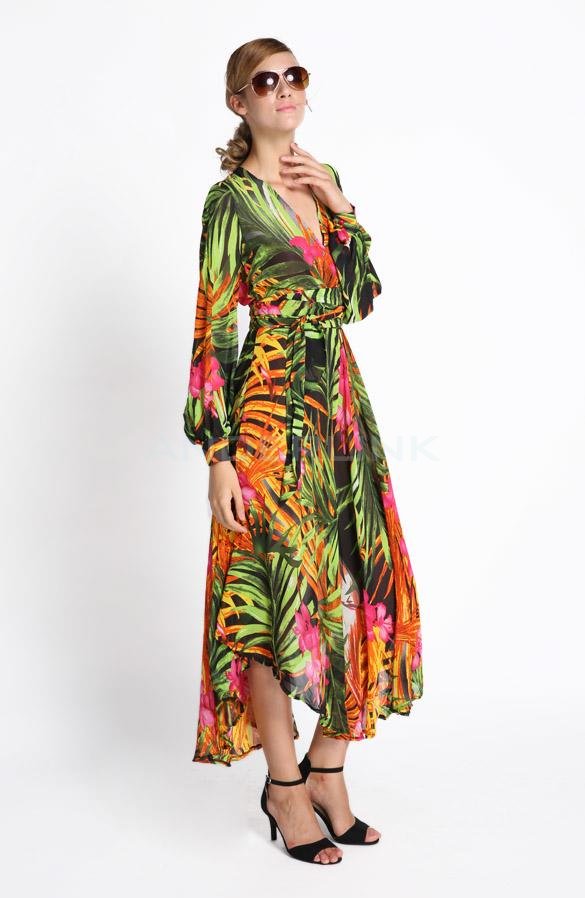 unknown Womens V-neck Summer Tropical Flower Print Chiffon Long Sleeve Temperament Long Dress
