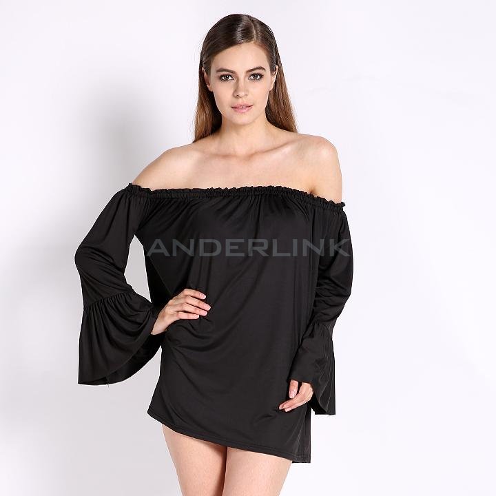 unknown New Fashion Resort Solid Ruffle Sleeve Off Shoulder Mini Dress Blouse Long Tops Shirts Cami
