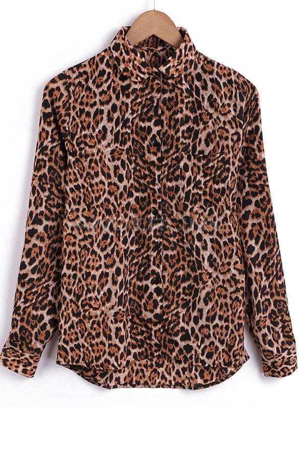 unknown Fashion Women Wild Leopard Print Chiffon Blouse Long-sleeve Lapel Top Shirt