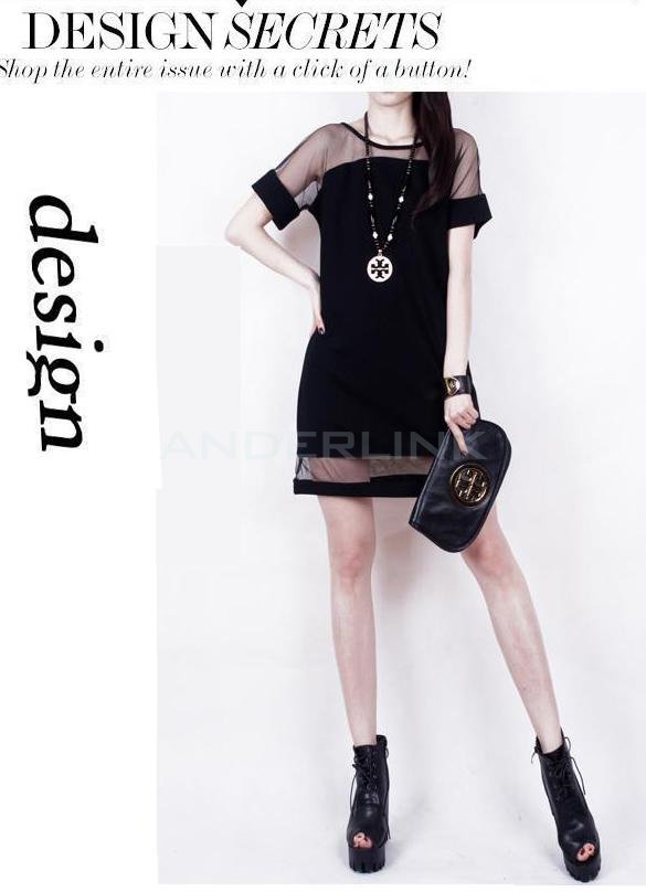 Women's Sexy Mesh Splicing Dresses Short Sleeve Chiffon Dress