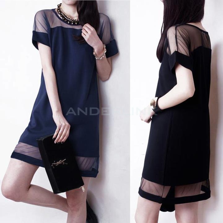 Women's Sexy Mesh Splicing Dresses Short Sleeve Chiffon Dress