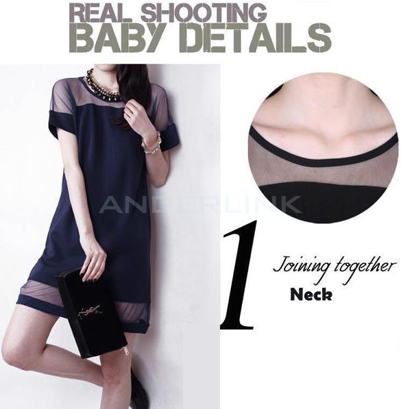 Women's Sexy Mesh Splicing Dresses Short Sleeve Chiffon Dress