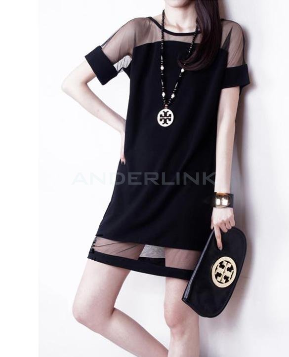 Women's Sexy Mesh Splicing Dresses Short Sleeve Chiffon Dress