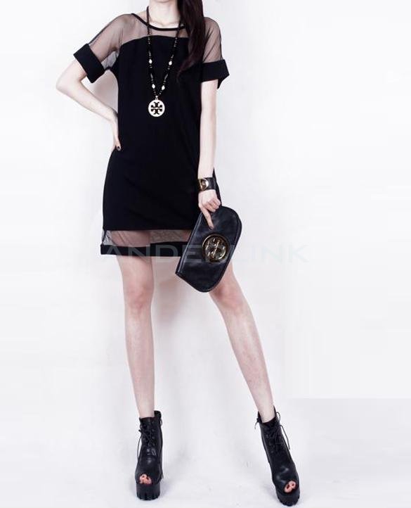 Women's Sexy Mesh Splicing Dresses Short Sleeve Chiffon Dress