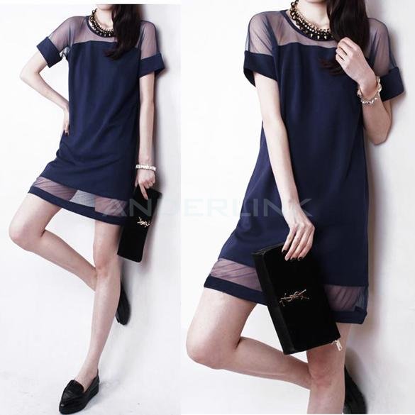 Women's Sexy Mesh Splicing Dresses Short Sleeve Chiffon Dress