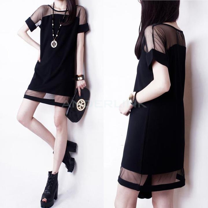 Women's Sexy Mesh Splicing Dresses Short Sleeve Chiffon Dress