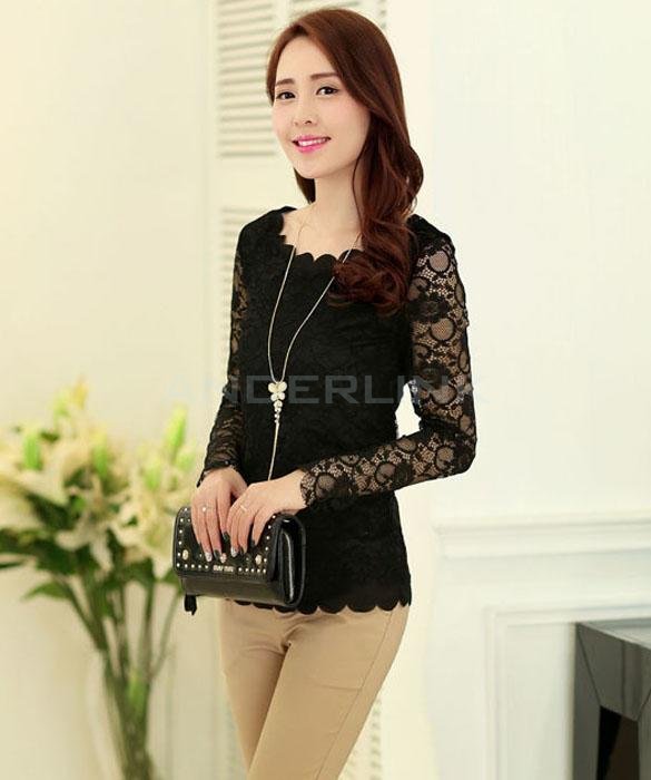 unknown Hot Korean Fashion Women's Floral Tops Long Sleeve Shirt Lace Blouse