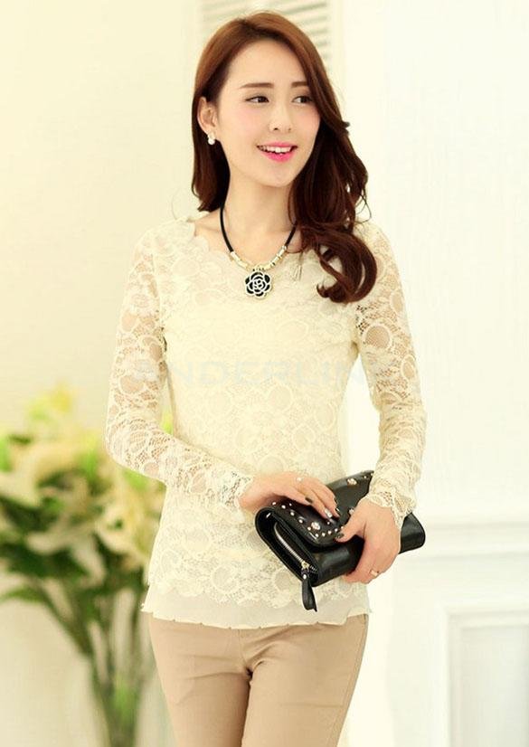 unknown Hot Korean Fashion Women's Floral Tops Long Sleeve Shirt Lace Blouse
