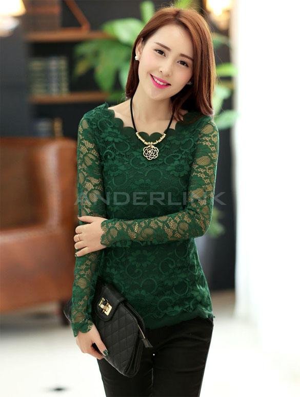 unknown Hot Korean Fashion Women's Floral Tops Long Sleeve Shirt Lace Blouse