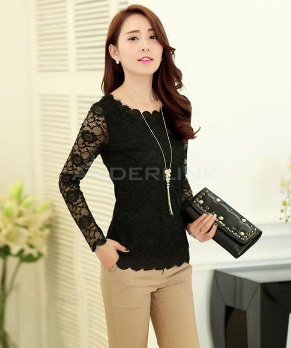 unknown Hot Korean Fashion Women's Floral Tops Long Sleeve Shirt Lace Blouse