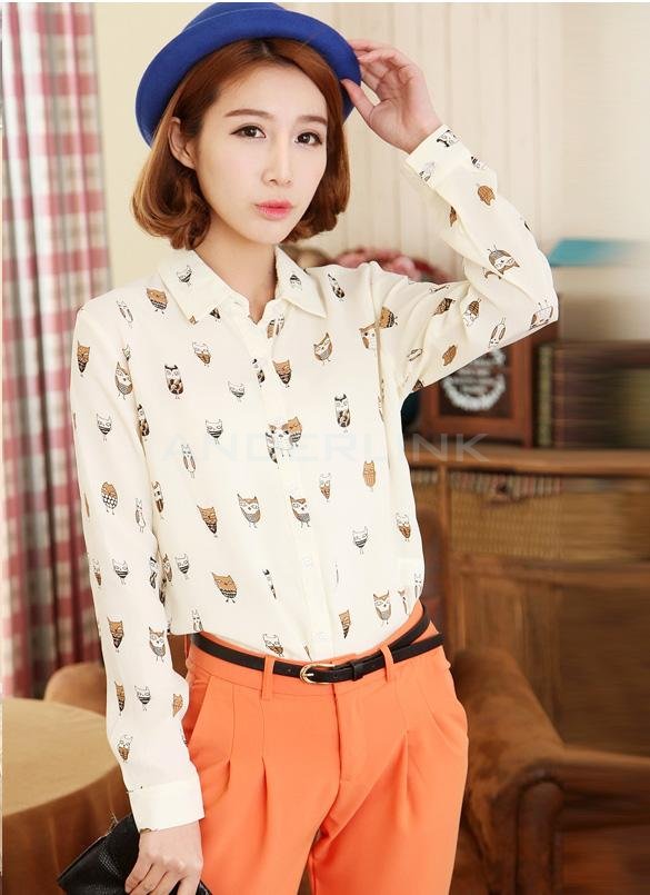 unknown Woman Girl Trendy Collar Owl Print Chiffon Long Sleeve Blouse Top Shirt