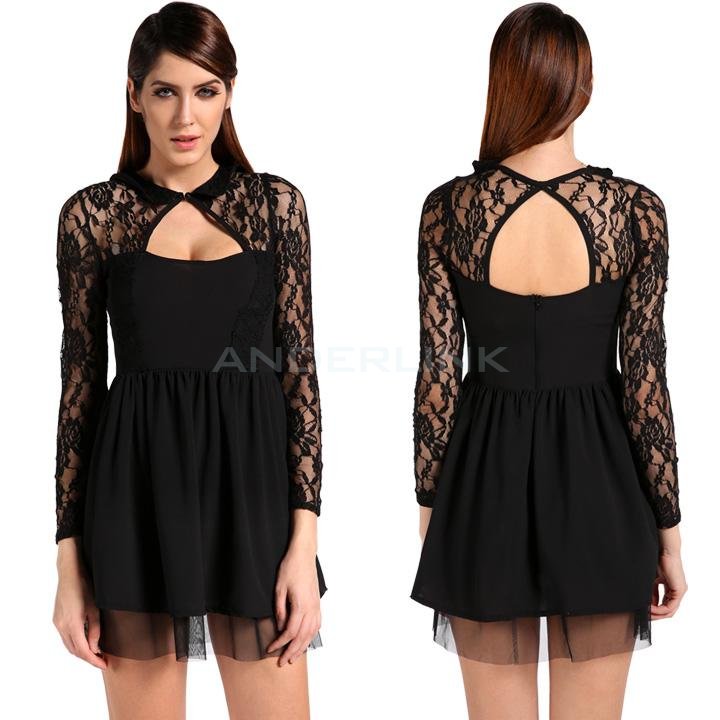 unknown Sexy Women Floral Long Sleeve Lace Backless Evening Party Mini Dress Black