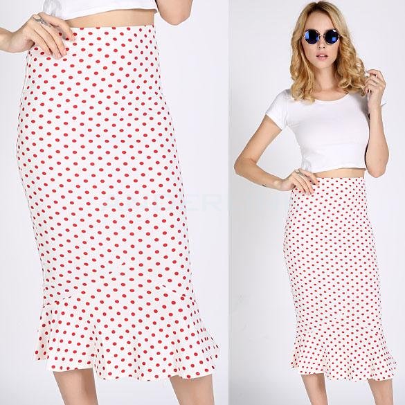 unknown New Sexy Women's High Waist Polka Dot Ruffle Hem Skirt Pencil Skirt