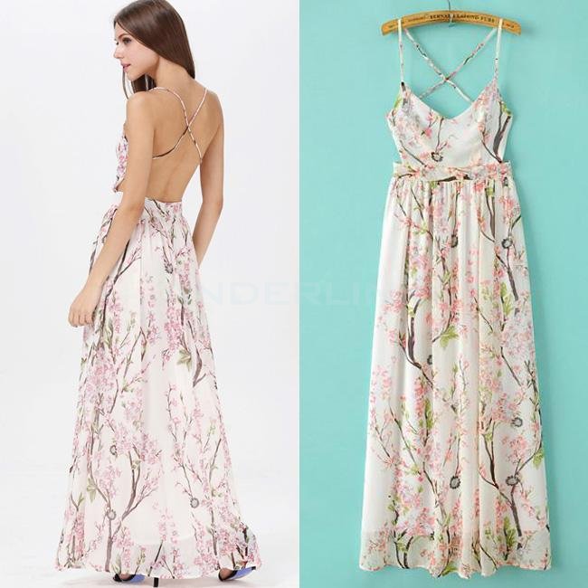 unknown New Women's Sexy Chiffon Flower Print Backless Sleeveless Ladies Party Evening Dress