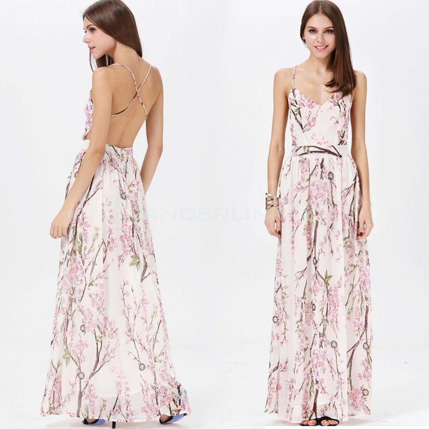 unknown New Women's Sexy Chiffon Flower Print Backless Sleeveless Ladies Party Evening Dress