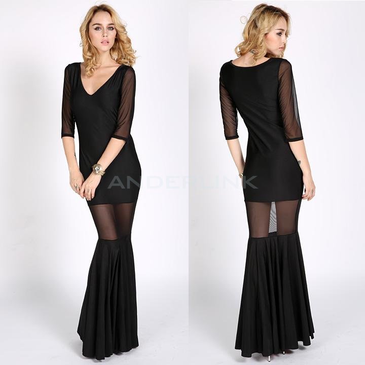 unknown New Fashion Sexy Dovetail Lace Dress Perspective Nightclub Dress Maxi Party Bodycon Dress