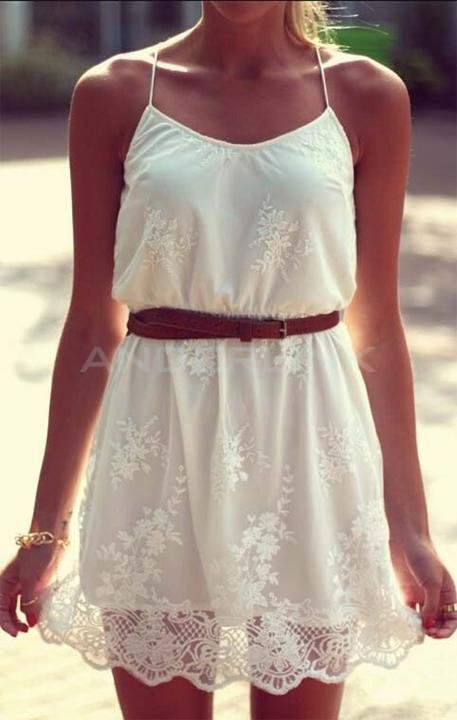 unknown Women Sexy Flower Floral Lace Casual Spaghetti Strap Short Mini Dress with Belt
