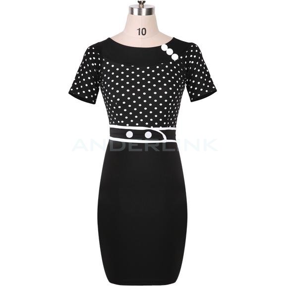 Women's Elegant OL Polka Dot Work Evening Party Cocktail Bodycon Pencil Dress