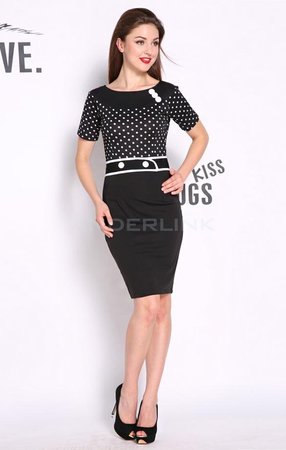 Women's Elegant OL Polka Dot Work Evening Party Cocktail Bodycon Pencil Dress