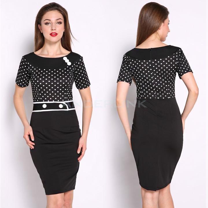 Women's Elegant OL Polka Dot Work Evening Party Cocktail Bodycon Pencil Dress