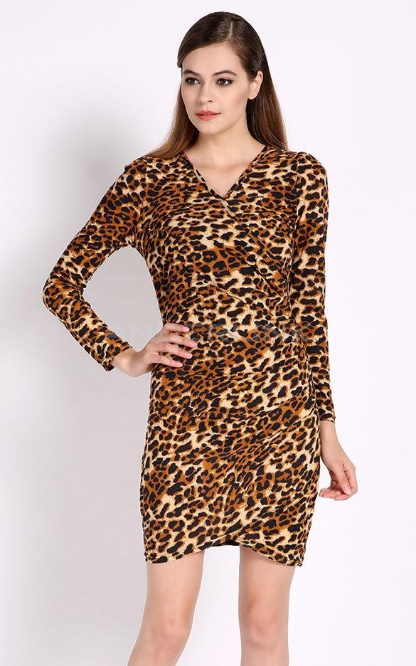 unknown Sexy Women's Leopard Long Sleeve Slim Bodycon Party Cocktail Evening Mini Dress