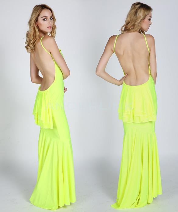 unknown Women Sexy Fluorescent Yellow Long Halter Dovetail Dress