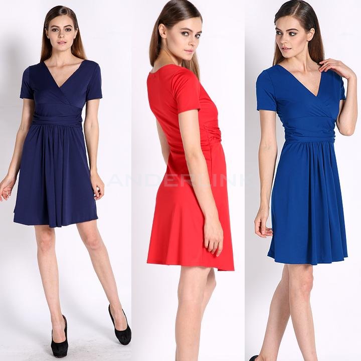 New Elegant Women's Dress V Neck Short Sleeve Knee Lenght Tunic