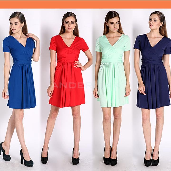 New Elegant Women's Dress V Neck Short Sleeve Knee Lenght Tunic