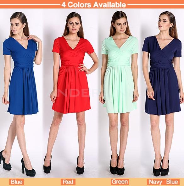 New Elegant Women's Dress V Neck Short Sleeve Knee Lenght Tunic