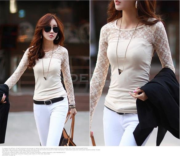 unknown New Women's Long Sleeve Sheer Lace Trim Sexy Slim Casual Bottoming T-Shirt Blouse Tops Shirt