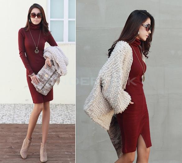 New Korean Women's In The Fashion Slim Office Sleeve Collar Long Dress Sweater