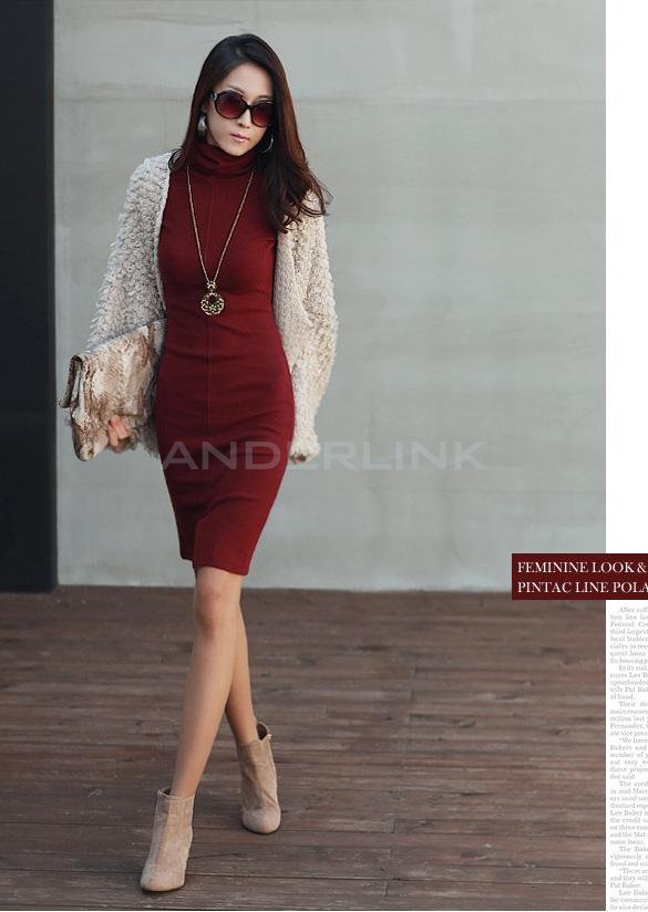 New Korean Women's In The Fashion Slim Office Sleeve Collar Long Dress Sweater
