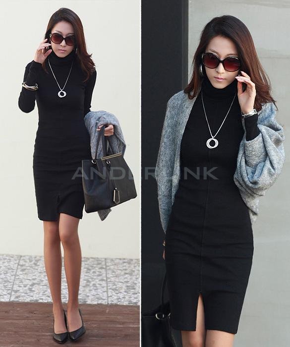 New Korean Women's In The Fashion Slim Office Sleeve Collar Long Dress Sweater