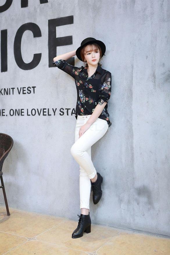 unknown New Women's Top Sheer Foral Printed Chiffon Shirt Lapel Long Sleeve Blouse