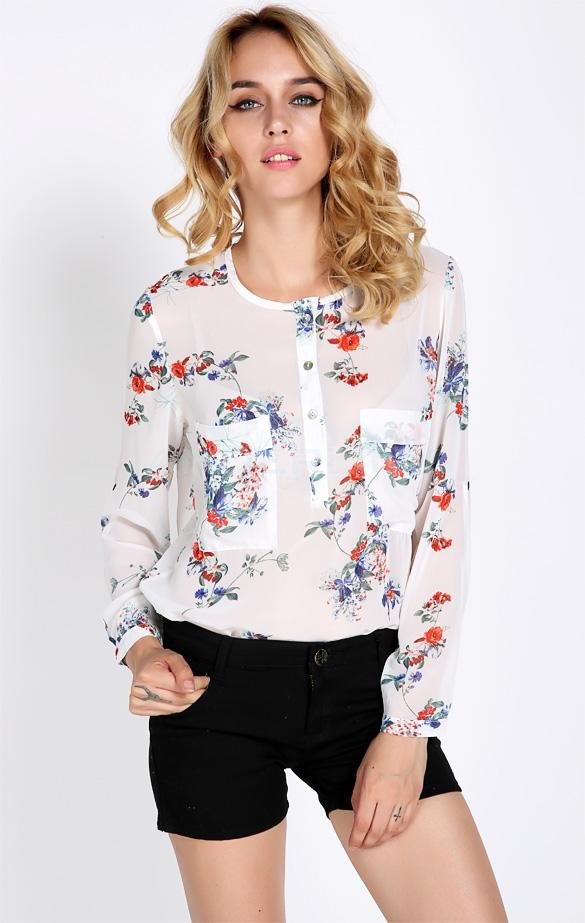 unknown New Fashion Women's Chiffon Floral Print T-Shirt Blouse Long Sleeve Tops Vintage