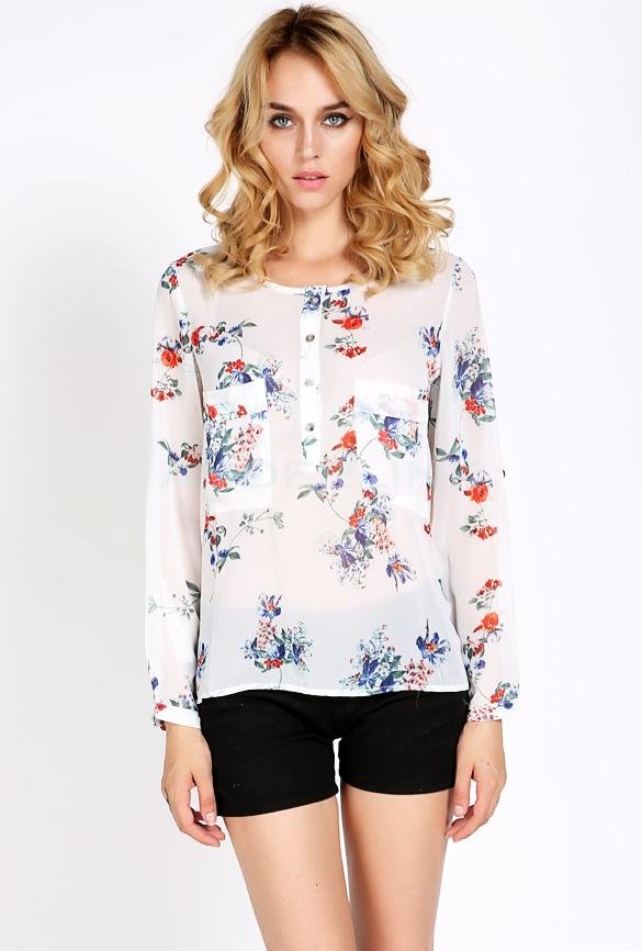 unknown New Fashion Women's Chiffon Floral Print T-Shirt Blouse Long Sleeve Tops Vintage