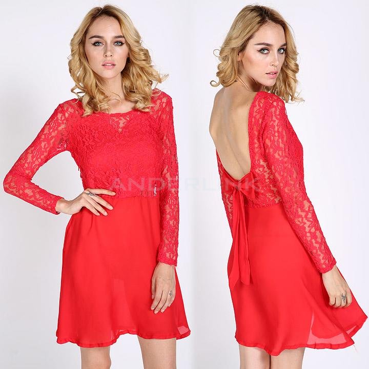 unknown Women's Ladies Fashion Lace Backless Bowknot Cocktail Evening Red Short Mini Dress