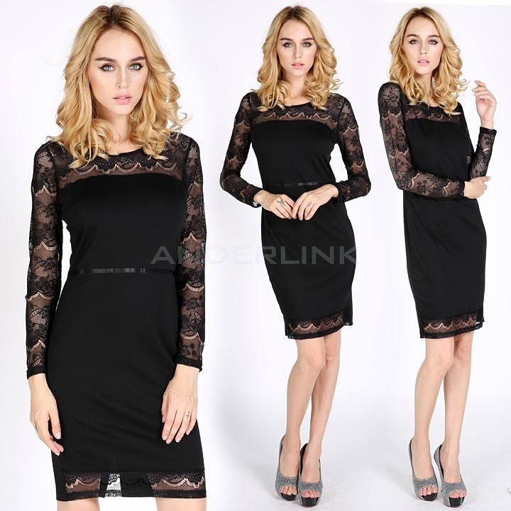 Women See-through Pinup Cut Out Lace Tunic Slim Evening Party Dress