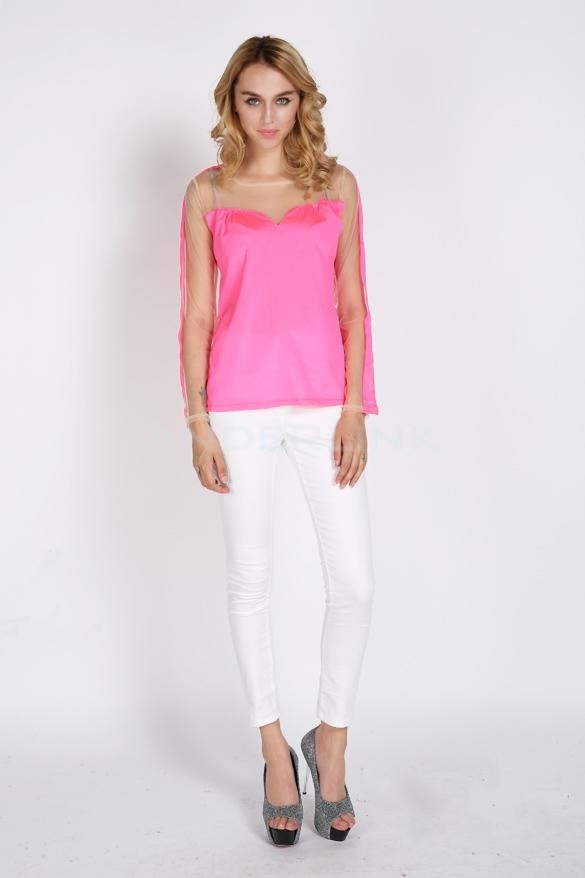 unknown New Women's Top Sheer Gauze Shoulder Fluorescent Color Long Sleeve Blouse Shirt