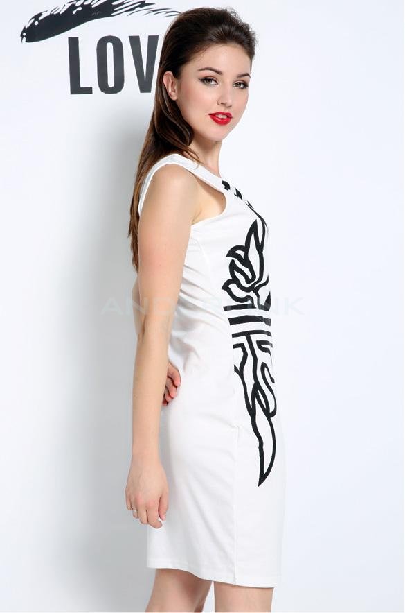 Women's Fashion White Sleeveless Print Slim Dress Casual Party Dress