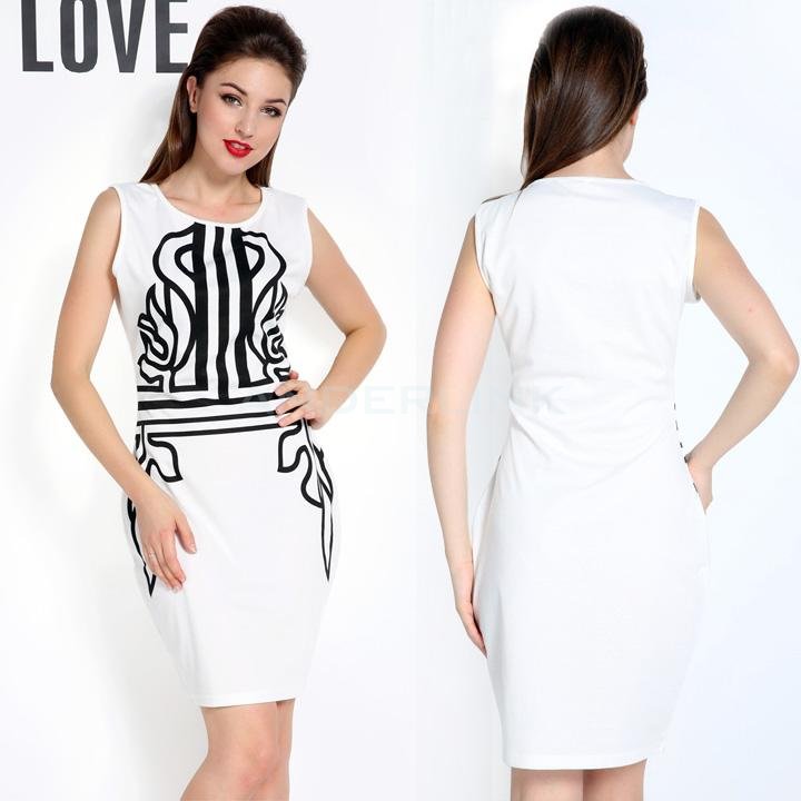 Women's Fashion White Sleeveless Print Slim Dress Casual Party Dress