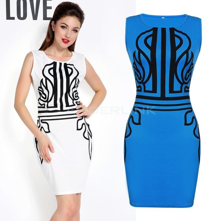 Women's Fashion White Sleeveless Print Slim Dress Casual Party Dress