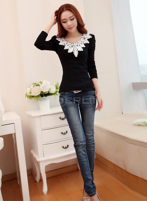 unknown Women's Autumn Spring Casual Shirt Lace Tops Cute Elegant Long Sleeves Slim Blouses