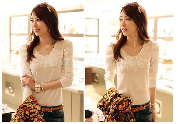unknown Women's Autumn Spring Casual Shirt Lace Tops Cute Elegant Long Sleeves Slim Blouses