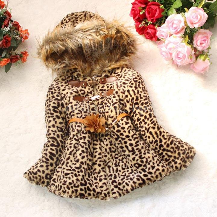 unknown Baby Children Girls Leopard Faux Fox Fur Collar Hoodie Coat Clothing Winter Wear Clothes Outerwear Jacket