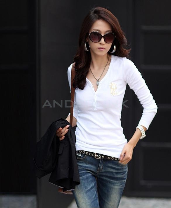 unknown Womens Ladies Spring Autumn V-Neck Long Sleeve T-Shirt Shirt
