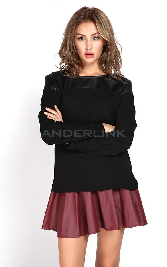 unknown Autumn / Spring Casual Women's Clothing Tops Blouses Work Wear Long Sleeve Synthetic Leather Contrast Blouse