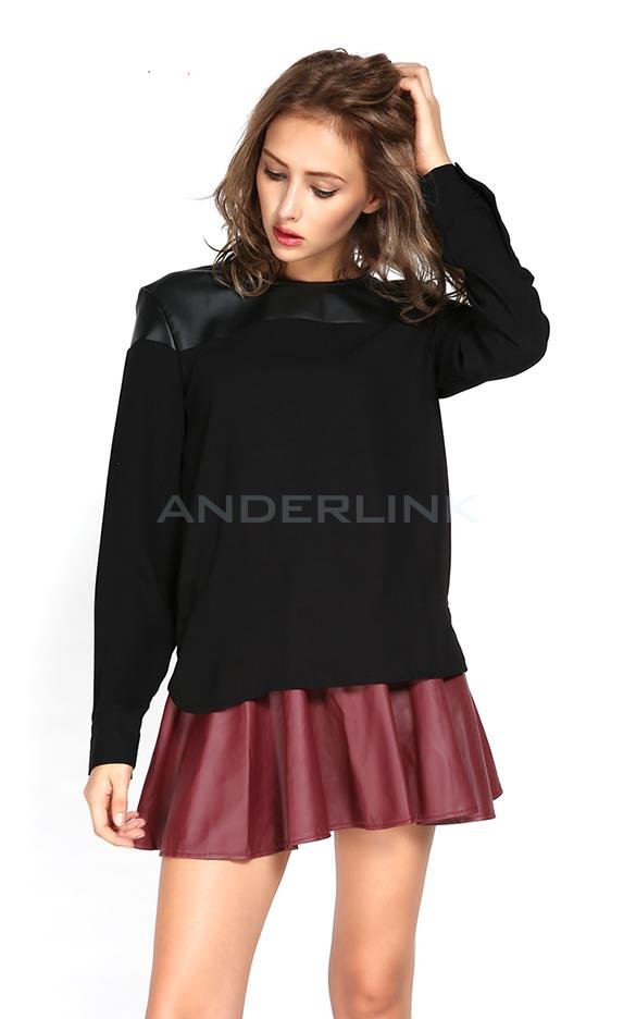 unknown Autumn / Spring Casual Women's Clothing Tops Blouses Work Wear Long Sleeve Synthetic Leather Contrast Blouse