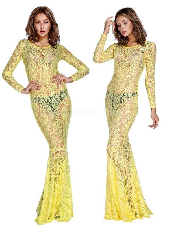 unknown Women's New Fashion Sexy Hollow Sexy Lace Swallowtail Stunning Bandage Bodycon Dress Yellow
